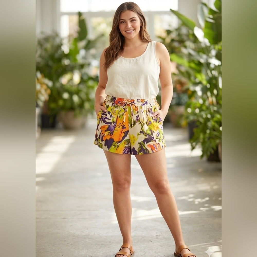 Jessica Simpson Floral High Waist Shorts in Yellow, Purple, Orange